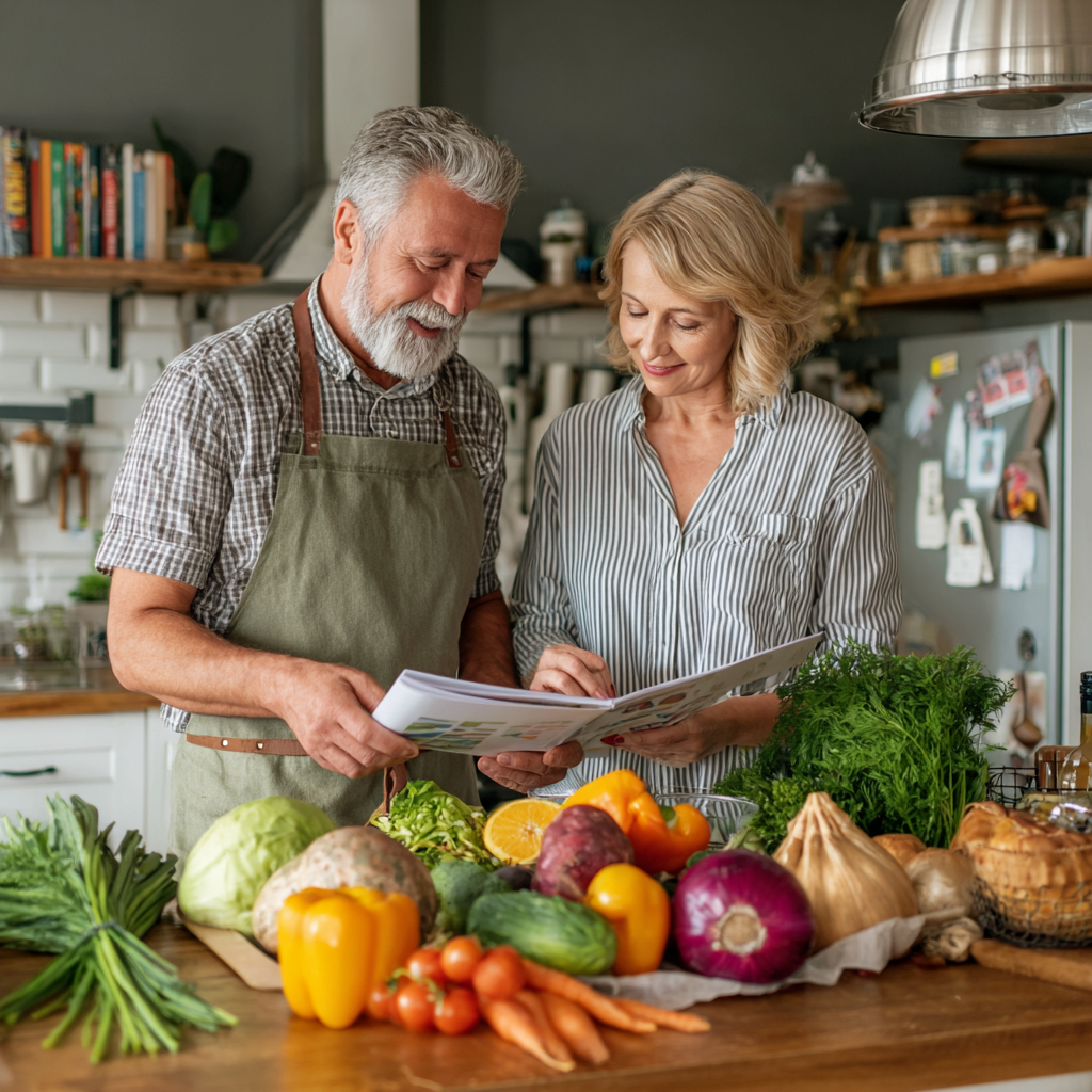 Middle-aged adults reviewing healthy meal plans and seasonal ingredients on kitchen table